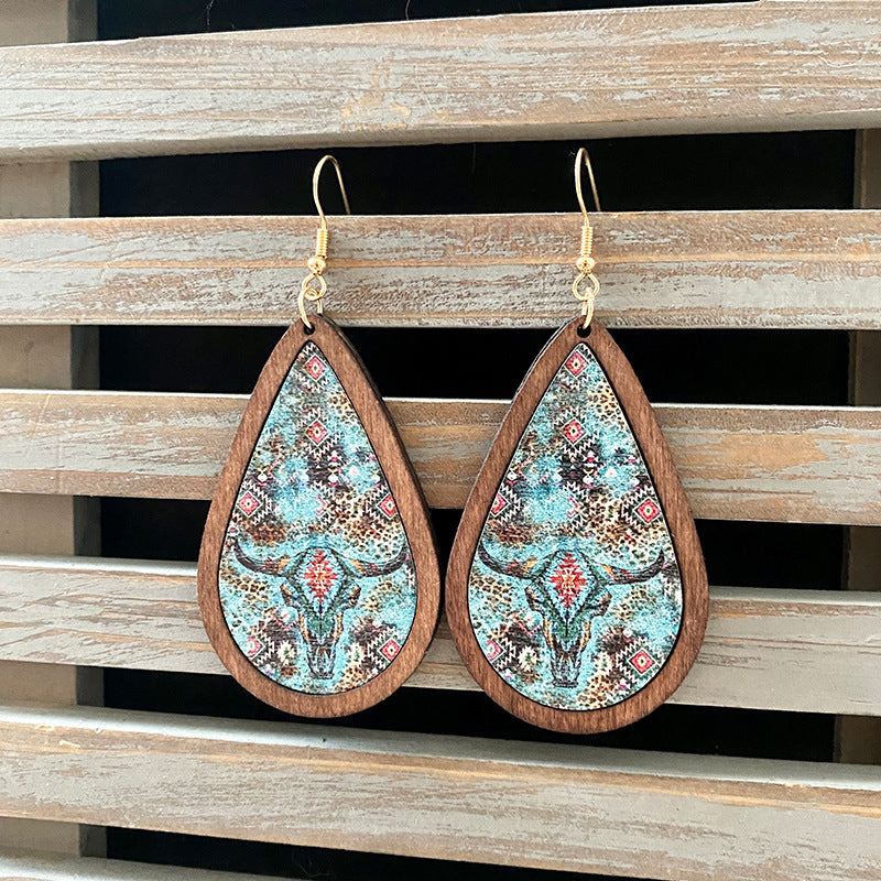 Wholesale Western Vintage Water Drop Pattern Wooden Earrings